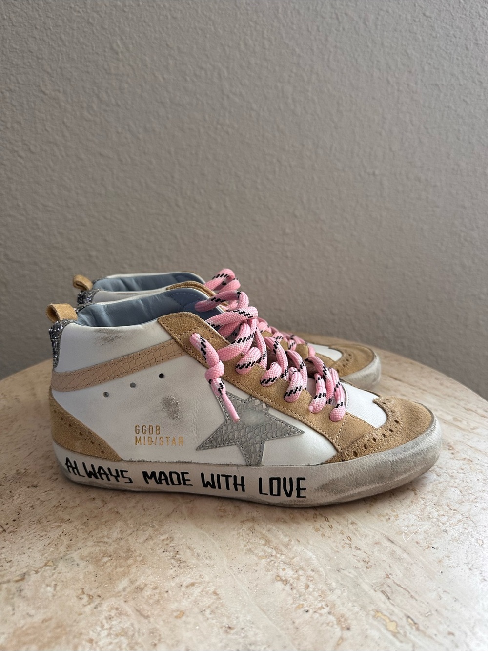 Golden Goose Midstar High-Top Sneakers in White, Tan & Pink